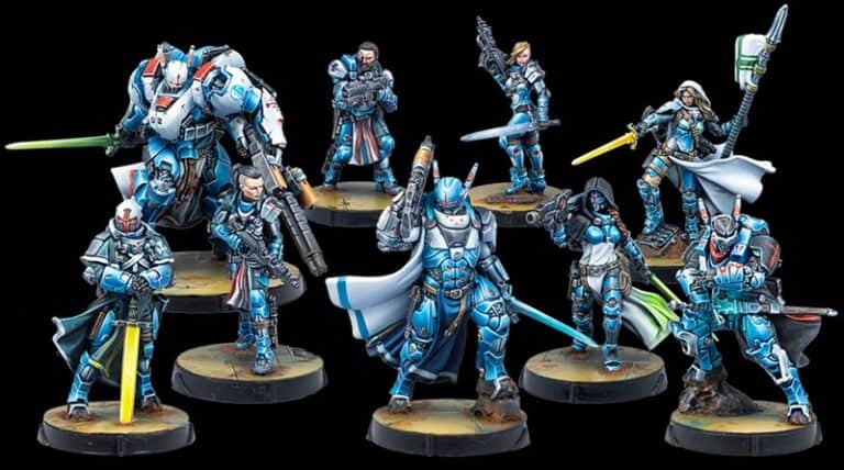 A group of painted miniature figures in futuristic armor, resembling units from Corvus Belli's Infinity game, are equipped with various weapons like swords and guns. Predominantly blue and silver, they stand on black bases against a dark background, embodying the essence of Military Orders.