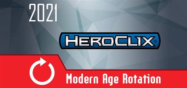 Logo on a geometric background with "2021" at the top left and "HeroClix" by WizKids in blue and black at the center. A red banner at the bottom features a white rotation arrow and the text "Modern Age Rotation," highlighting its compatibility with Silver Age Format.