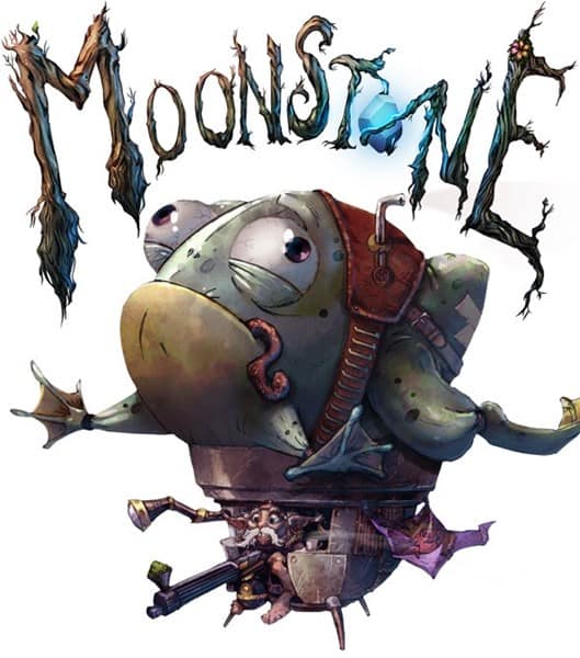 A whimsical illustration of a steampunk-style frog with mechanical elements and a copper helmet, featuring wings and an underwater suit. Above the frog, the word "Moonstone" hovers like a goblin airship in an elegant, organic font.