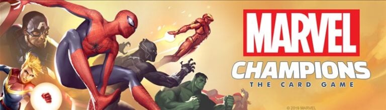 Illustration of Marvel superheroes, including Spider-Man, Captain Marvel, Black Panther, Iron Man, Hulk, and Captain America in action poses. The logo reads "Marvel Champions: The Card Game" on a yellow background. This dynamic LCG is a hit from Fantasy Flight Games.