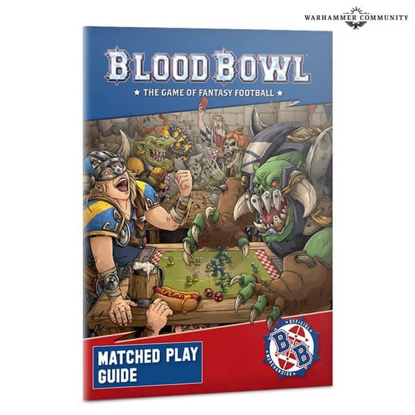 The cover of "Blood Bowl: Matched Play Guide" showcases fantasy creatures in a thrilling tabletop football game crafted by Games Workshop. A human clad in armor faces off against a mighty orc, surrounded by immersive game elements and eager spectators.