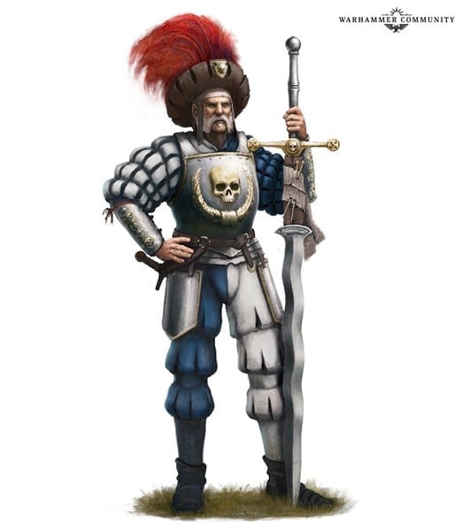 A warrior in Renaissance-style armor stands confidently, holding a large, wavy sword. His armor features skull motifs, a red feathered hat, and blue and white attire reminiscent of Old World battles from Warhammer. The plain background highlights his imposing figure.
