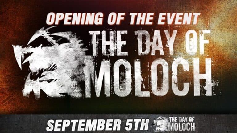 Event poster with text "Opening of the Event: The Day of Moloch" and "September 5th." The background features a dark, textured surface with a shadowy figure beside the text, evoking intrigue for Portal Games' latest unveiling.