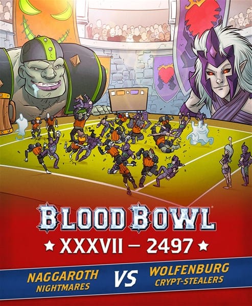 A colorful illustration of a fantasy football game with orc and elf-like teams on a vibrant field. The banner proudly displays "Blood Bowl XXXVII – 2497" showcasing the intense clash between Naggaroth Nightmares and Wolfenburg Crypt-Stealers, while excited spectators fill the stands.