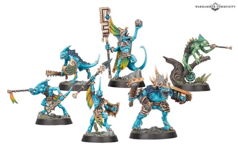A group of colorful, detailed fantasy miniatures from Games Workshop featuring anthropomorphic Seraphon reptiles with vibrant armor and weapons. They are posed dynamically on bases, showcasing a variety of stances and accessories reminiscent of Warhammer Underworlds.