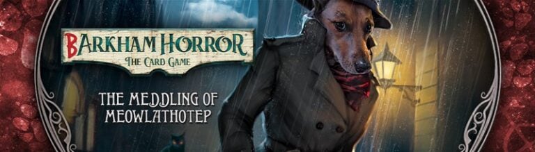 A canine detective in a trench coat and hat stands undercover on a rainy night, embodying the noir-style allure of "Barkham Horror: The Card Game - The Meddling of Meowlathotep." Dim streetlights and raindrops enhance the mysterious ambiance of this LCG Expansion.