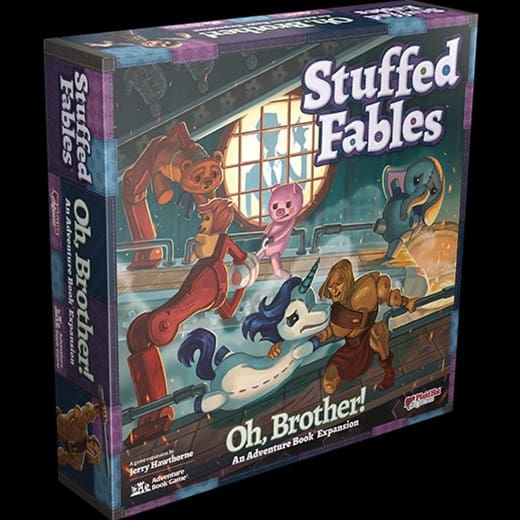 The "Stuffed Fables: Oh, Brother!" board game box by Plaid Hat Games features whimsical art with a bear, unicorn, and rabbit on an adventurous scene. The colorful and imaginative artwork captures the essence of the Oh Brother Expansion.