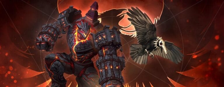 Amidst the flames, a fierce lava golem with glowing cracks stands as if ready for battle. By its side, a black owl with a skull-like face soars gracefully. A preview of fiery patterns and a crimson crescent frames this formidable scene from the Corpse of Viros collection.