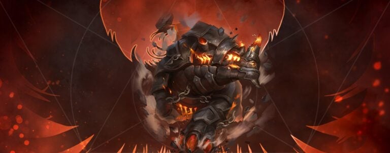 A fiery, armored creature with glowing red eyes and molten features stands in a dynamic pose amidst flames and sparks. The intense atmosphere evokes the drama of "The Corpse of Viros," set against a dark, smoky background reminiscent of an "Ashes Reborn" narrative.