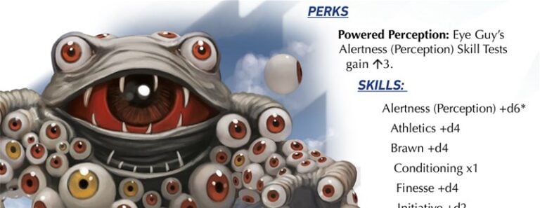 This new monster, designed for the Power Rangers RPG by Renegade Game Studios, features a multi-eyed creature with a large central eye and numerous smaller ones. Its text highlights perks like improved perception and skills in alertness, athletics, and brawn.