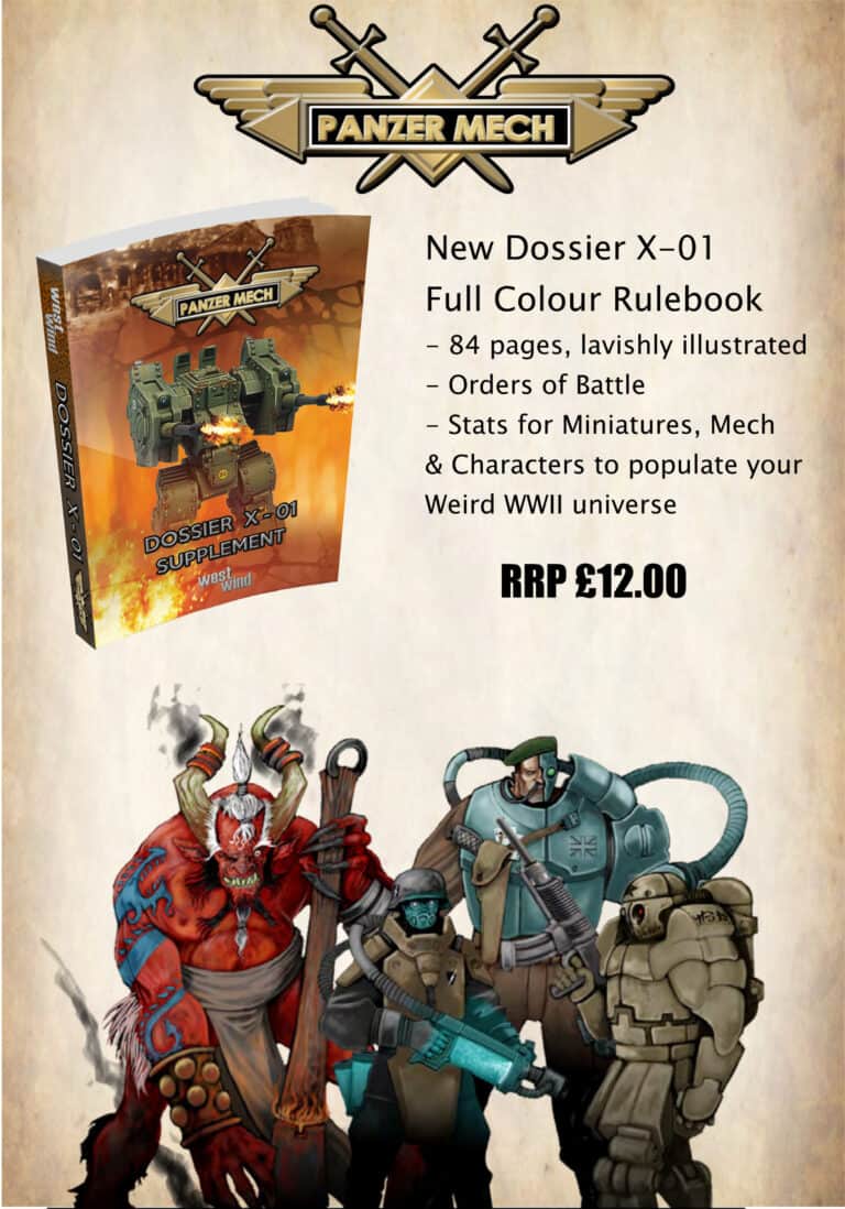 The cover of West Wind Productions' "Panzer Mech: Dossier X-01" rulebook showcases a stunning mech and soldiers, featuring a futuristic samurai, cyborg, and humanoid creature. Explore 84 pages of rich WWII content, miniatures in 28mm scale, and character details for just £12.00.
