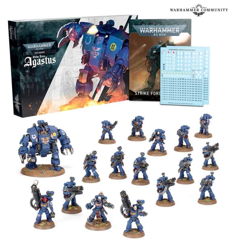 Boxed set of Warhammer 40,000 Strike Force Agastus features Primaris Heavy Support, showcasing blue-armored miniature figures and a larger mech unit. Includes a sheet of decals and assembly instructions for the action figures.
