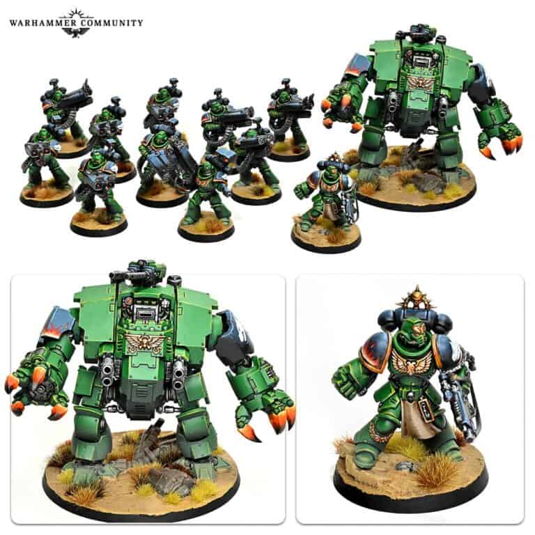 Miniature figures painted in green armor, including a large mech suit and a group of soldiers from the Strike Force Agastus collection, are equipped with sci-fi weapons. These Warhammer 40k figures are displayed on sandy desert-themed bases with tufts of grass, now available for pre-order.