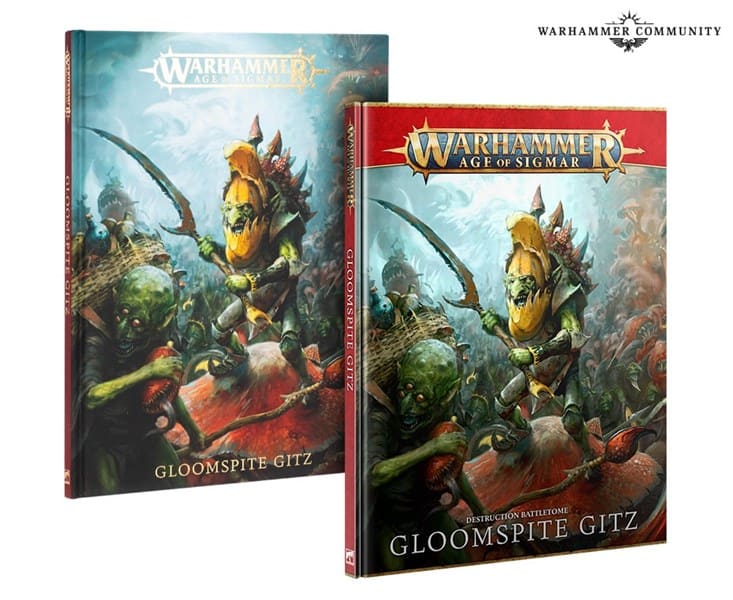 Two Warhammer Age of Sigmar rulebooks titled "Gloomspite Gitz" and "Destruction Battletome: Gloomspite Gitz." These pre-releases from Games Workshop feature covers with fantasy creatures flaunting green skin and large yellow teeth amid a chaotic scene.