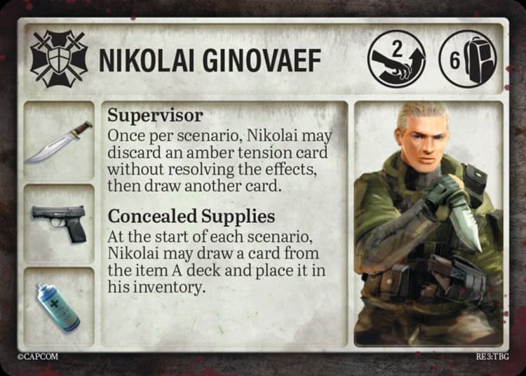 A board game card features an illustrated Nikolai Ginovaef from Resident Evil 3 in a tactical stance. The card highlights two abilities: "Supervisor" and "Concealed Supplies," complete with icons of a knife and a canister for added intrigue.