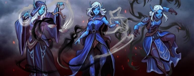 Three mystical blue-skinned female characters in elaborate robes and armor, reminiscent of the enigmatic Shadow Elves, each in a different magical pose, surrounded by swirling dark and white wisps, set against a stormy backdrop that echoes the battles of Summoner Wars.