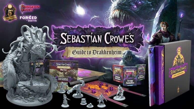 A promotional image for "Sebastian Crowe's Guide to Drakkenheim," an RPG supplement on Kickstarter, showcases a board game setup with miniatures, a detailed creature model, dice, cards, and a rulebook. A wizard character is depicted casting spells against a mystical creature.