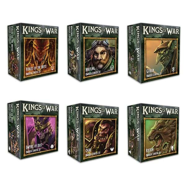Six "Kings of War" Ambush Starters in boxes. Each box, under Mantic Previews, showcases stunning artwork of fantasy characters: Forest or Mist, Halfling, Goblin, Empire of Dust, Ogre, and Reptilian. The boxes are neatly arranged in two rows of three for a striking display.