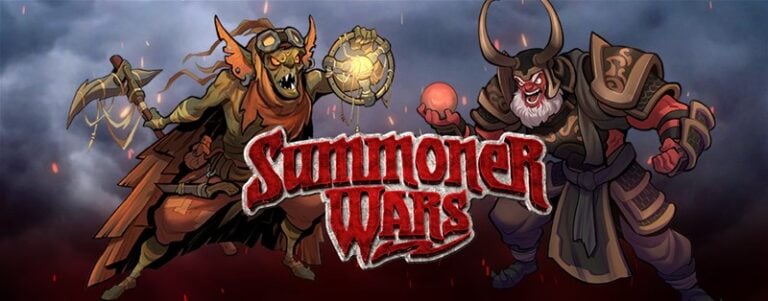 In this fantasy-themed illustration, inspired by Summoner Wars from Plaid Hat Games, a goblin-like creature with a staff and glowing orb stands alongside a horned warrior clutching a red gemstone. The text "Summoner Wars" is prominently displayed in the center.