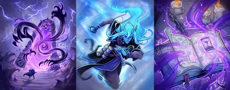 Three fantasy-themed illustrations: a shadowy creature in a stormy purple sky, reminiscent of the Shadow Elves from Summoner Wars, a blue ghostly figure in motion, and an open book with glowing runes and candles, with an hourglass on the pages.