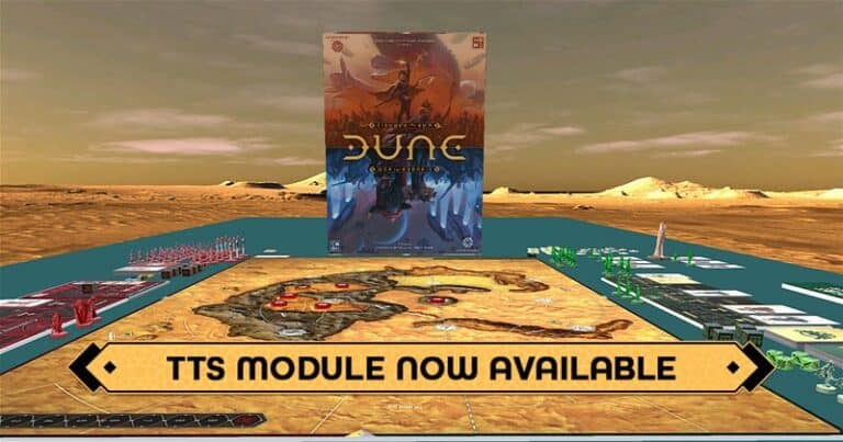 A digital tabletop setup showcases the "Dune: Imperium" board game against a desert backdrop, highlighting its box art at the center. Text below announces "TTS Module Now Available," inviting players to join the War for Arrakis in this immersive Tabletop Simulator Module.