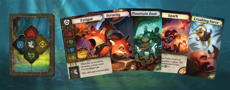 A set of illustrated fantasy cards from Plaid Hat Games laid out on a wooded background. Cards depict various characters and scenes, including animals and magical themes, reminiscent of Familiar Tales. Each card features unique artwork and text offering abilities or powers perfect for solo play.