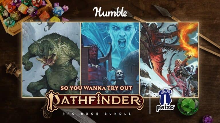 A promotional image for the Pathfinder RPG book bundle from Humble Bundle. It features three fantasy-themed illustrations with monsters and characters, surrounded by dice, weapons, and the logo of Paizo. Text reads: "So You Wanna Try Out Pathfinder—your gateway into tabletop RPG magic!