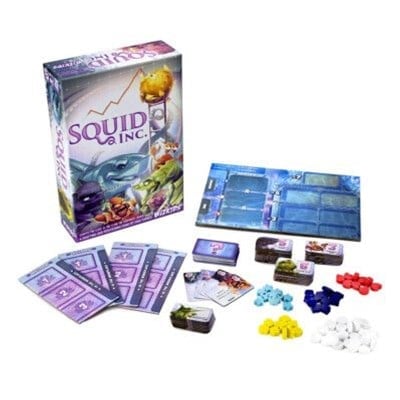 The "Squid Inc." board game set by WizKids features a game board, cards, and vibrant tokens in blue, red, yellow, and white, all arranged appealingly on a white background.
