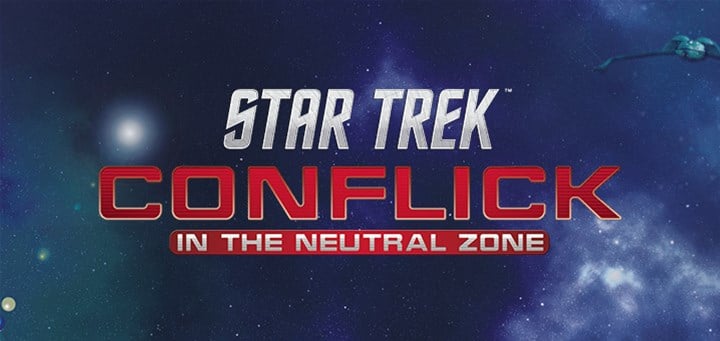 The "Star Trek: Conflick in the Neutral Zone" logo graces a starry space backdrop, subtly featuring a distant planet and spaceship.