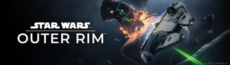 Spaceships engage in a board game-inspired space battle amidst asteroids. One ship fires green laser beams at another, which is evading the attack with flames visible nearby. The text reads "Star Wars: Outer Rim.