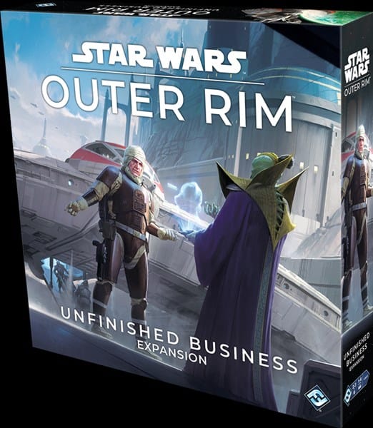 The box cover of "Star Wars: Outer Rim - Unfinished Business Expansion" showcases a character in futuristic attire confronting a cloaked figure, set against an industrial sci-fi backdrop with spacecraft.
