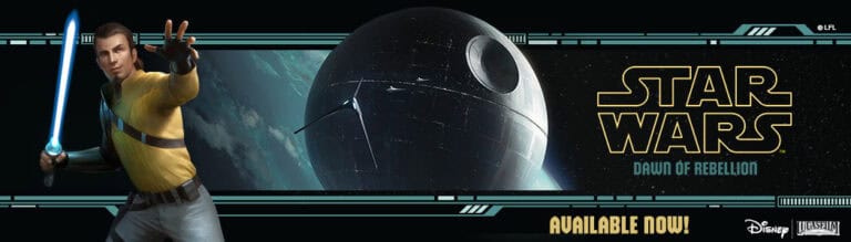 A promotional banner for "Star Wars: Dawn of Rebellion" showcases a character wielding a blue lightsaber on the left, alongside a vast space station reminiscent of the Death Star. The text reads "Available Now!" with logos at the bottom, highlighting this essential sourcebook for any Star Wars RPG enthusiast.
