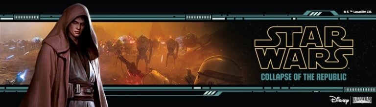 A cloaked figure stands on the left, with a battle scene featuring droids and spaceships in the background. The text reads "Star Wars: Collapse of the Republic," evoking the epic adventures of a Fantasy Flight Star Wars RPG, alongside Disney and Lucasfilm logos.