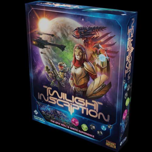 The "Twilight Inscription" box showcases a vibrant sci-fi world, with futuristic characters in armor, soaring spaceships, and a distant planet as the backdrop. This space-themed roll-and-write game by Fantasy Flight promises an epic interstellar adventure.