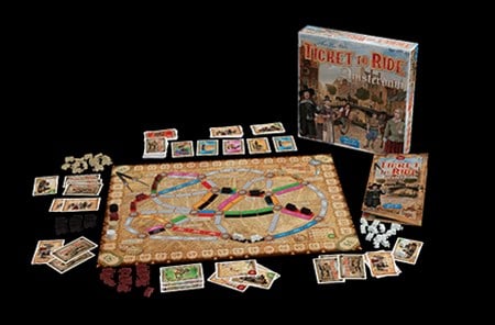 Ticket to Ride: Amsterdam," by Days of Wonder, showcases its lively components: the game board adorned with routes through historic Amsterdam, vibrant cards, charming train pieces, tokens, and a sleek box accompanied by an instructional booklet. All elements capture the essence of this beloved series.