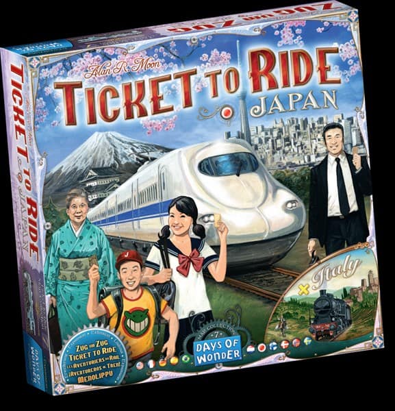 The board game box for "Ticket to Ride: Japan" by Days of Wonder showcases a bullet train speeding in front of Mount Fuji. Smiling people dressed in diverse attire stand amid cherry blossoms. Plus, it includes exciting text about a complementary Italy map.