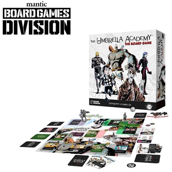 The box and components of "The Umbrella Academy: The Board Game" by Mantic Games showcase illustrated characters and a colorful game board. Various cards and pieces are strategically displayed around the board, highlighting the exciting division between heroes and villains in play.