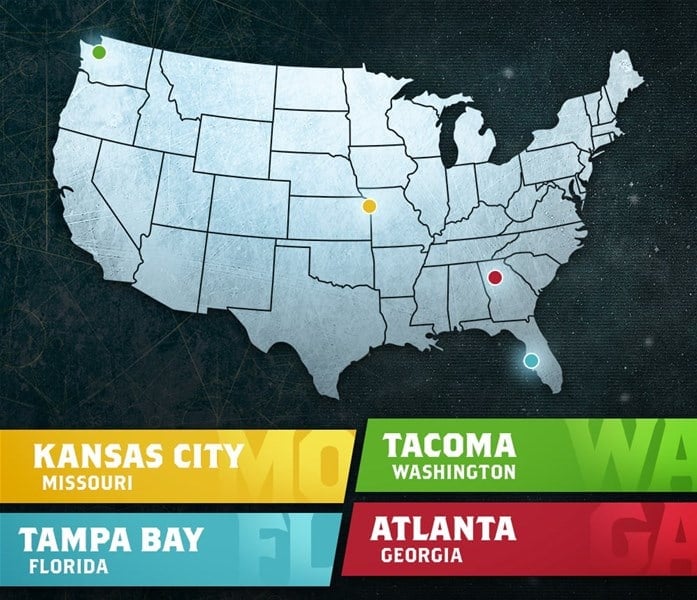 Map of the United States featuring colored markers for cities like Kansas City, Missouri; Tacoma, Washington; Tampa Bay, Florida; and Atlanta, Georgia. Each location is highlighted with a name and state label. Perfect for fans traveling to events like the US Open Series or World Championships.