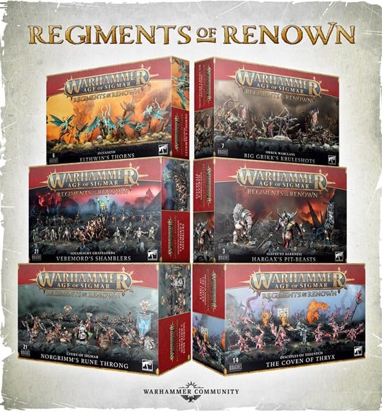 Discover the "Warhammer Age of Sigmar: Regiments of Renown" with six captivating boxed sets featuring stunning artwork. These include Thundrik's Profiteers and Big Grikk's Kruleshots, perfect additions for any aspiring mercenaries in the fantastical world of Age of Sigmar.