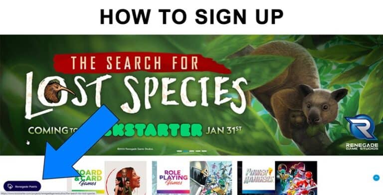 Screenshot of a webpage featuring a banner for "The Search for Lost Species," accompanied by a lemur image. Below, game category thumbnails are displayed. A large blue arrow highlights the "Renegade Punts" login button in the bottom left corner, emphasizing Renegade Game Studios' Reward Points Program.