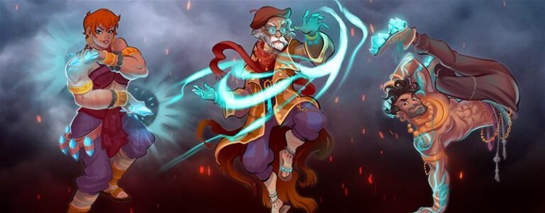 Three animated characters with magical blue energy channel their power like champions of the mystical realms. On the left, a warrior with glowing fists; center, a bearded wizard casting spells; right, an acrobat performing a handstand with energy loops around their arms. Dark, smoky background reminiscent of Summoner Wars.