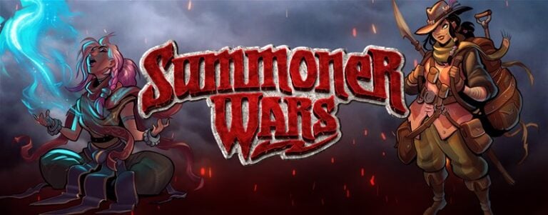 Illustrated banner for "Summoner Wars," by Plaid Hat, showcasing a duel between two fantasy characters. One wields glowing blue energy while the other, a Wayfarer, wears armor with a tall hat amid a smoky, atmospheric backdrop.