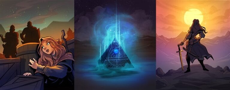 A triptych of fantasy scenes: a woman hiding from silhouetted figures, a glowing mystical pyramid emitting blue light, and a lone warrior standing on a hill with a sword, bathed in the orange glow of a low sun—a Wayfarers Preview that captures the heart of Plaid Hat’s enchanting realm.