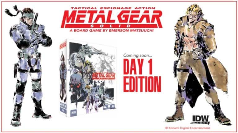 Promotional image for the Metal Gear Solid board game by Emerson Matsuuchi. Features illustrated characters and a box for the game, with text "Coming soon… DAY 1 EDITION." Don't miss the exclusive Pre-Order Deal! Includes logos for IDW and Konami Digital Entertainment.