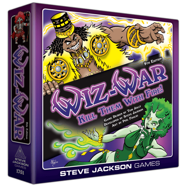 The vibrant board game box boasts the title "Wiz-War: Kill Them With Fire!" Featuring two wizards, one wielding a staff and the other with green hair, casting spells. Available for pre-order now, this is the thrilling Ninth Edition from Steve Jackson Games.