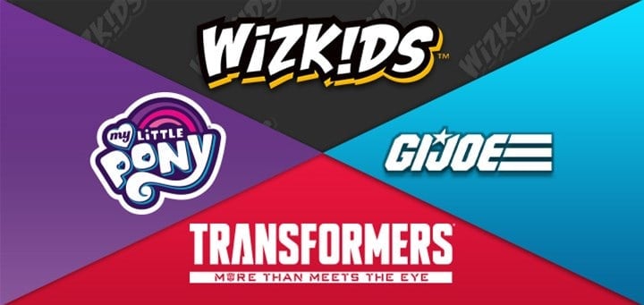Logos of four iconic brands on a colorful divided background: WizKids, symbolizing a dynamic partnership with Hasbro, on black; My Little Pony on purple; G.I. Joe on blue; and Transformers boldly standing out on red.