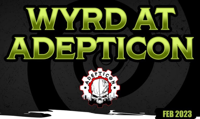 The image showcases a stylized banner with bold green text reading "WYRD AT ADEPTICON" set against a dark swirling background. Accompanying the AdeptiCon logo, it hints at the excitement of Convention Season. In the bottom right, "FEB 2023" is prominently displayed, marking Wyrd Games' participation.