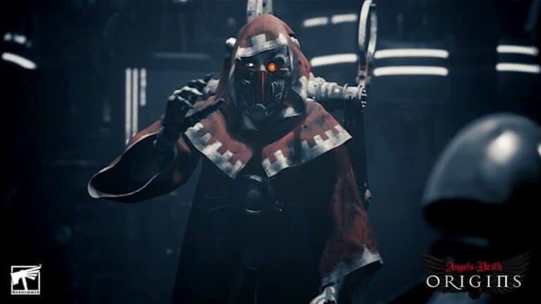 A menacing figure in a red, hooded robe and metallic mask with glowing eye stands in a dark, futuristic setting. Machinery and glowing lights surround Tech Priest Castia Theta 9. Text reads "Angels of Death: ORIGINS TALE.