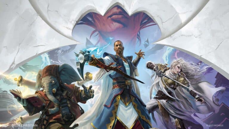 Three fantasy characters: a robed humanoid elephant holding a book, a man in blue and gold armor wielding magic, and a silver-haired warrior with a sword, stand ready for the greatest battle. A mysterious, looming figure watches from above, as if from the world of Magic: The Gathering.