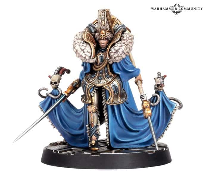 A highly detailed miniature figure of Lady Haera Helmawr, in ornate armor, adorned with blue and gold accents, holds two swords. The figure features a fur-lined cape and decorative elements, echoing the intricate embellishments typical of Games Workshop's Necromunda universe.